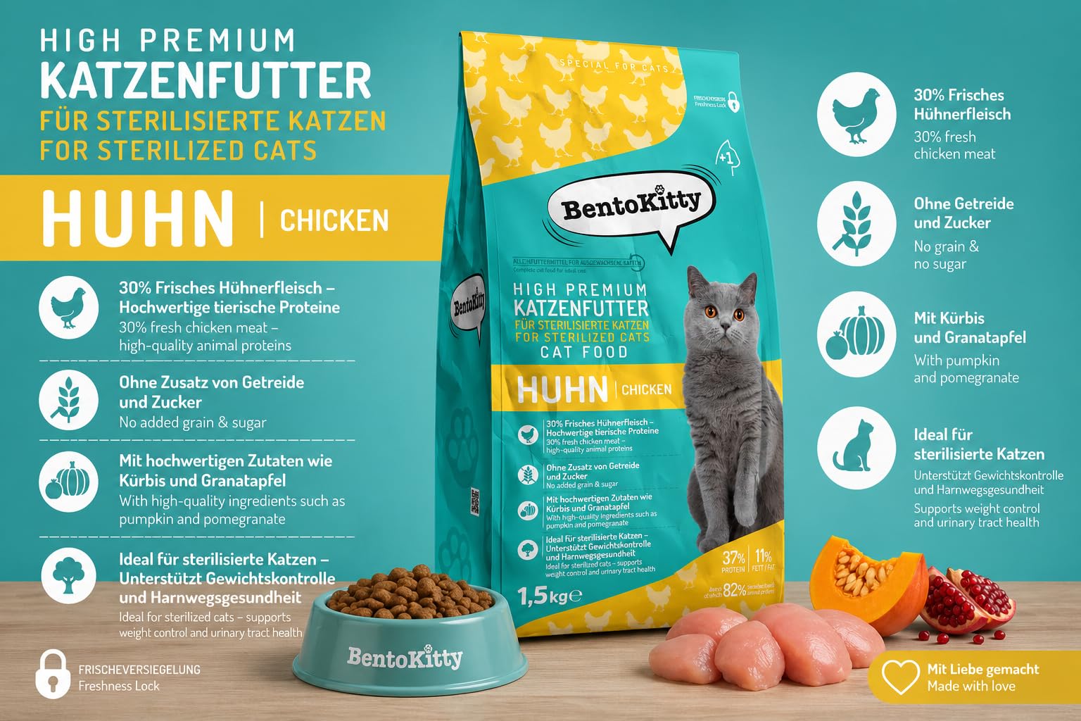 High Premium Katzenfutter Trockenfutter Huhn Sterilised – 7,5 kg Vorteilspack (5×1,5 kg) | Getreidefrei, 71% tierische Zutaten, 30% frisches Huhn | Zuckerfrei Alleinfuttermittel