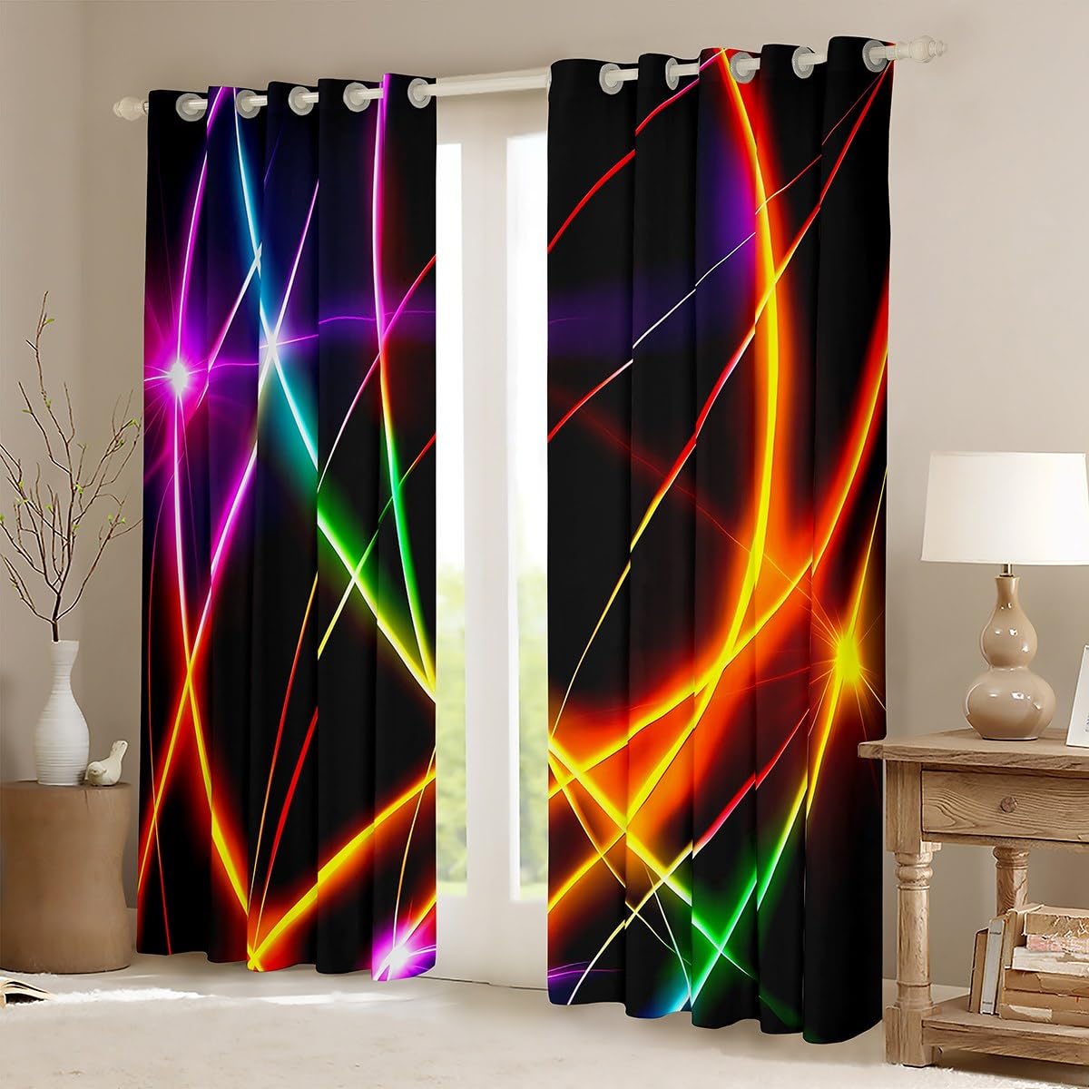 Homemissing Neon Light Stripes Curtains(2 Panels,W66*L72) For Kids Boys Girls Teens Modern Abstract Art 30%-50% Darkening Blackout Window Curtains Stripe Line Window Treatments - Image 2