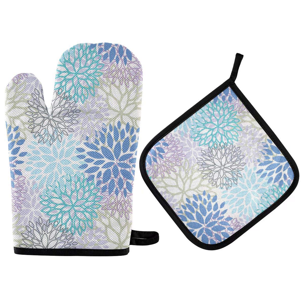 Dahlia Flower Oven Mitts and Pot Holders Sets Heat Resistant Non Slip Daisy Sunflower Oven Gloves Hot Pads Insulated Washable for Cooking Baking BBQ Decorative Kitchen Gift