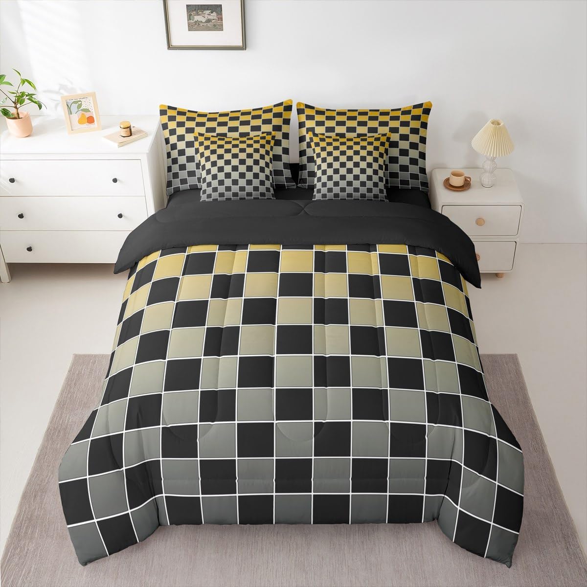 Erosebridal Black Checkered Queen Bed in A Bag 7 Piece Yellow Grey Ombre Comforter Set with Sheets Buffalo Plaid Grid Bedding Sets for Kids Adults,Aesthetic Gingham Bed Set
