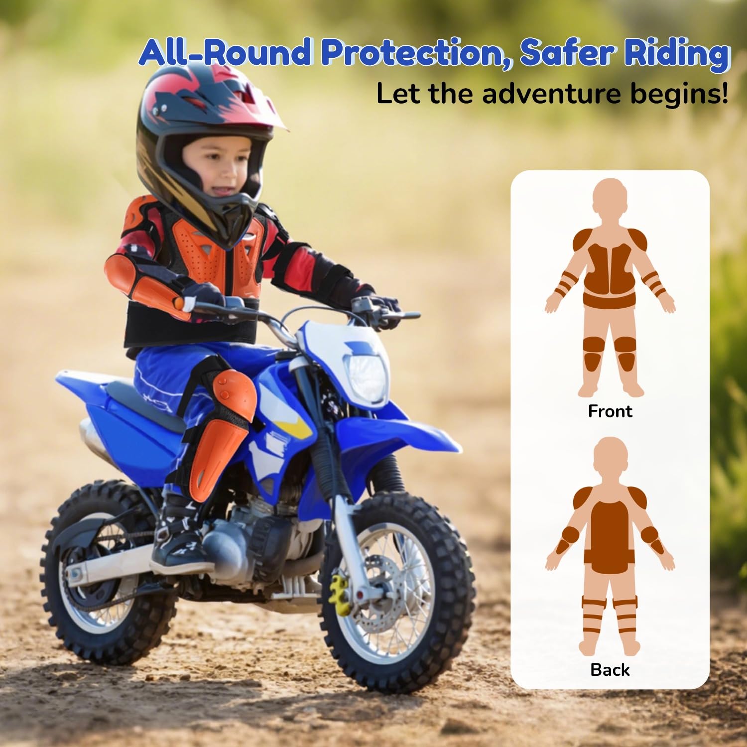 Protezioni Motocross Bambino con Pettorina, Ginocchiere e Coudiere, Giacca Protettiva Regolabile per Giovani Rider, Adatta a Dirt Bike, Bici, Skateboard e Attività Outdoor