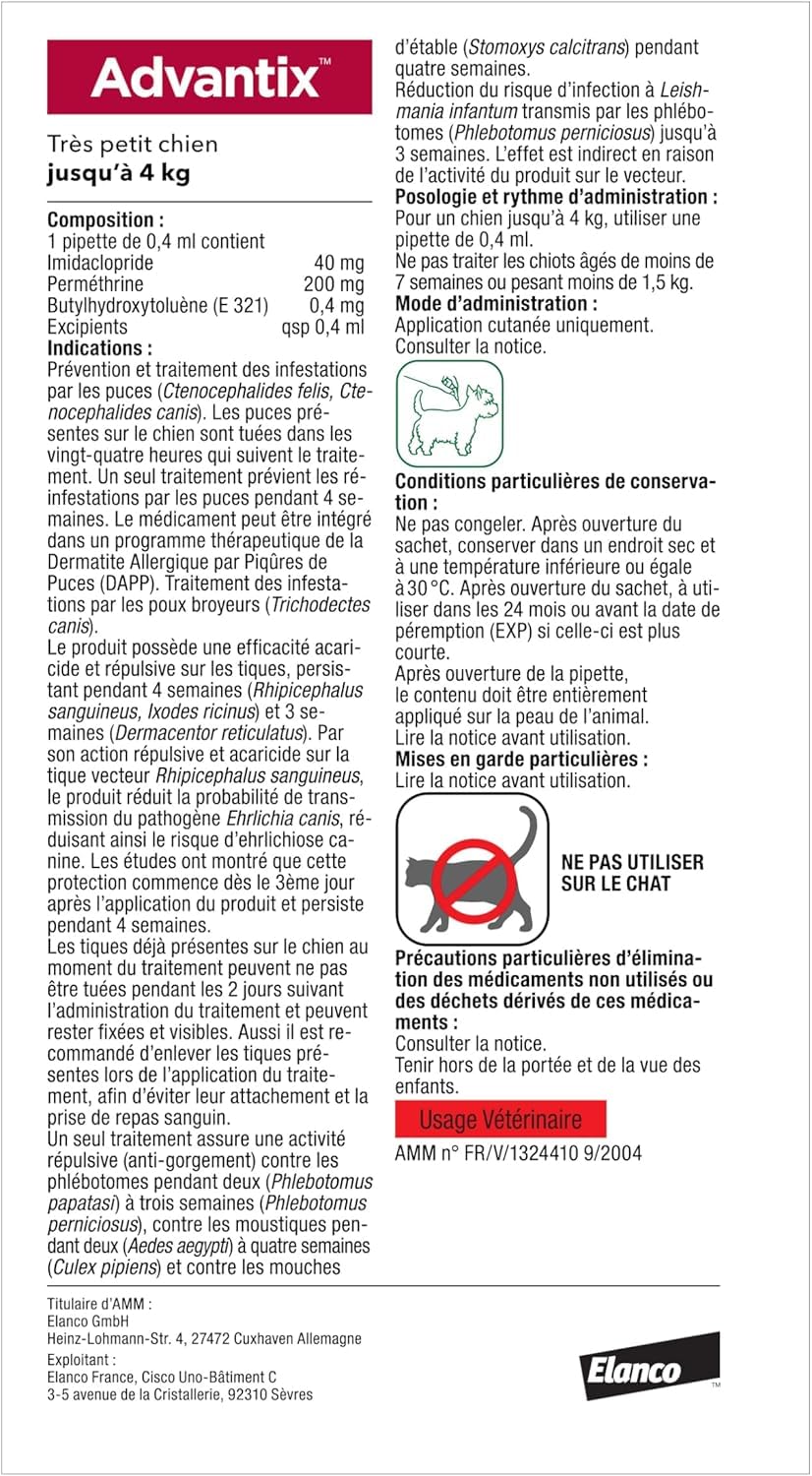 Advantix Très Petit Chien entre 1,5 et 4 kg – Pipettes pour chien contre 6 parasites – Traitement en pipette pour une protection en continu pendant 4 semaines – 6 x 0,4 ml