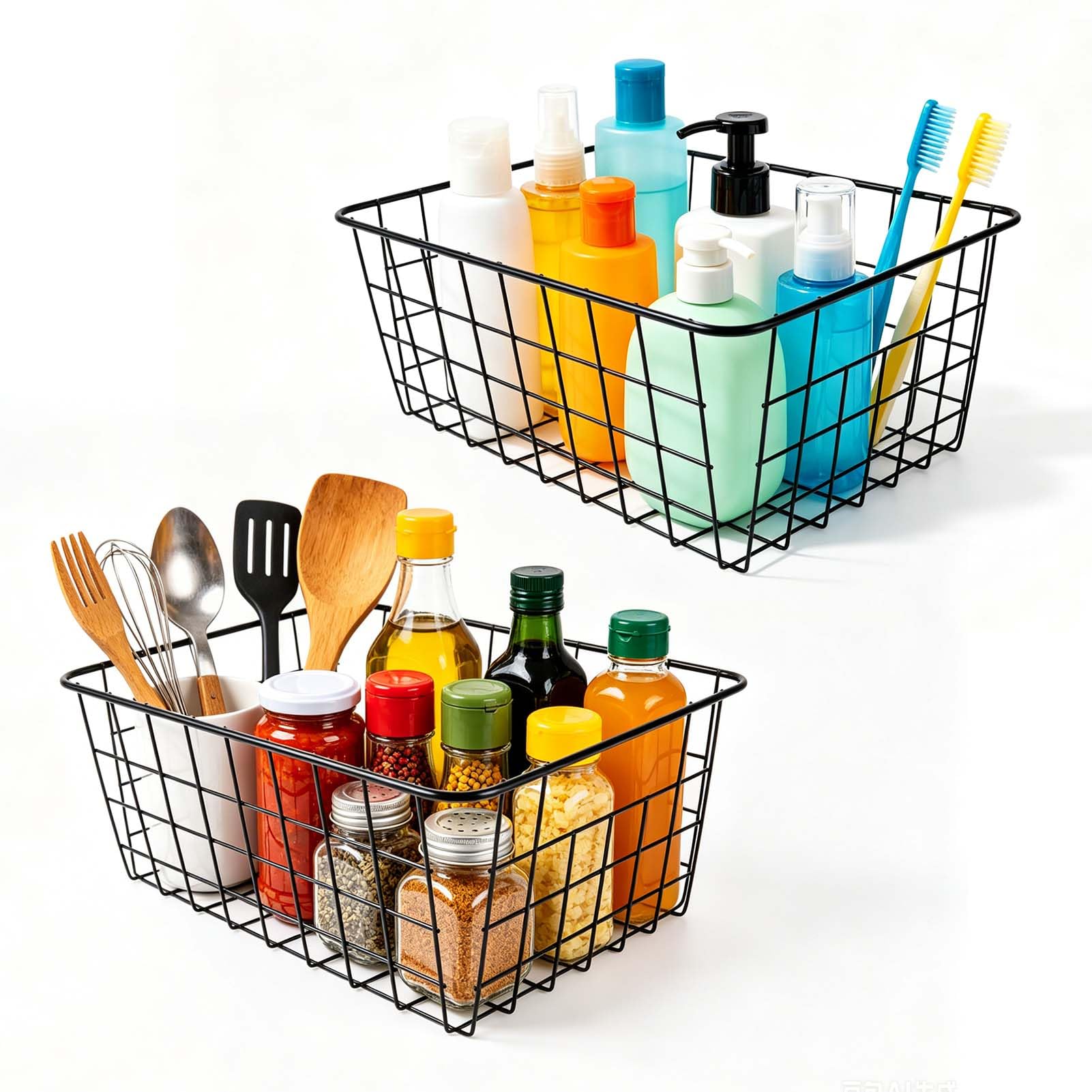 2 Metal Wire Storage Basket with Handles for Kitchen Cabinet Bedroom Bathroom Heavy Duty Rust Resistant Mesh Design Ideal for Organizing Household Items and Decor Versatile Storage Solution(Black)