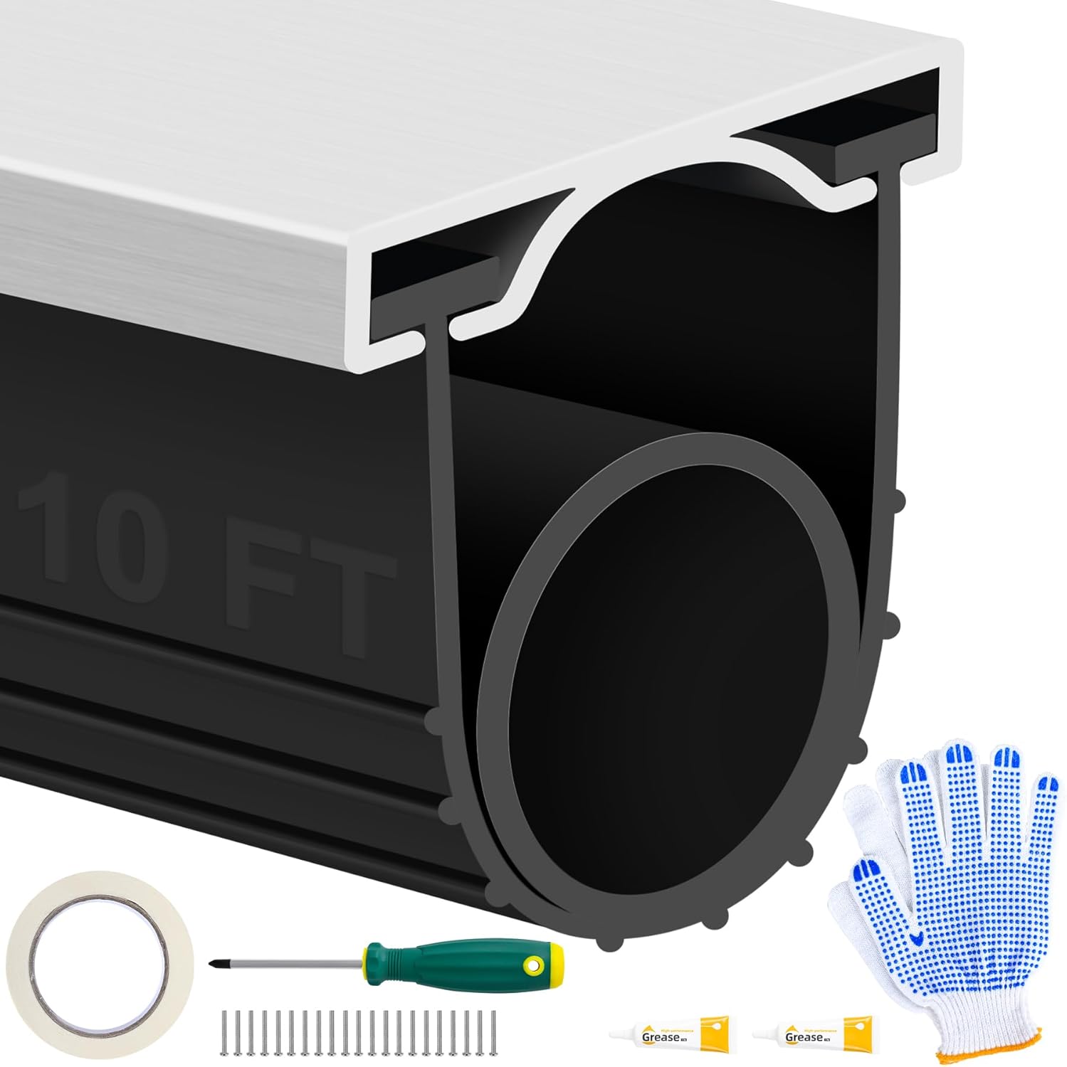 MYFAMIREA 10FT Garage Door Seals Bottom Rubber, Pre-drilled Aluminum Track Retainer Kit Weather Stripping, U+O Ring Weatherproof Threshold Strip Replacement Bottom for Garage Door, 1.57" Width, Black 10 FT Black-5/16"T-Aluminum Track