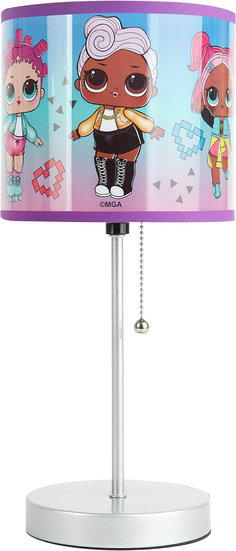 LOL Surprise Kids Stick Table Lamp,Pull Chain On/Off with Themed Printed Decorative Shade, Bedroom & Playroom Lighting
