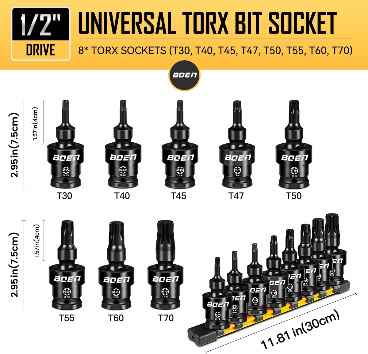 BOEN 8-Pieces Universal Torx Bit Driver Impact Socket, 1/2" Drive Size (T30, T40, T45, T47, T50, T55, T60, T70) With Socket Rail, CR-MO Steel