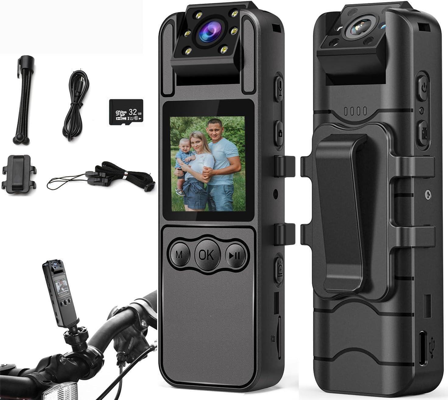 1080P Body Cameras with Audio and Video Recording| 180° Rotating Lens | 6-8HR Battery | Night Vision | 32GB SD Card | 1.3" LCD | Portable Security Cam
