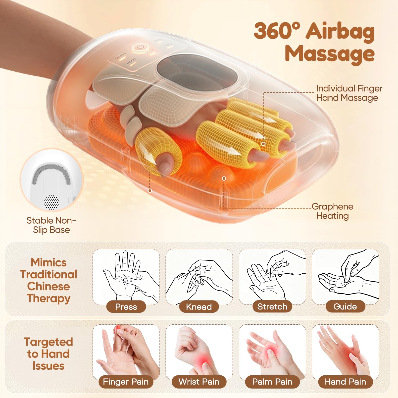 Handmassagegerät mit Wärme & Luftdruck, Elektrisches Handmassagegerät für Arthritis & Karpaltunnelsyndrom, Graphen-Heizung, 6 Modi, 4000mAh Akku, Leiser Massageapparat für Büro, Gaming und Senioren