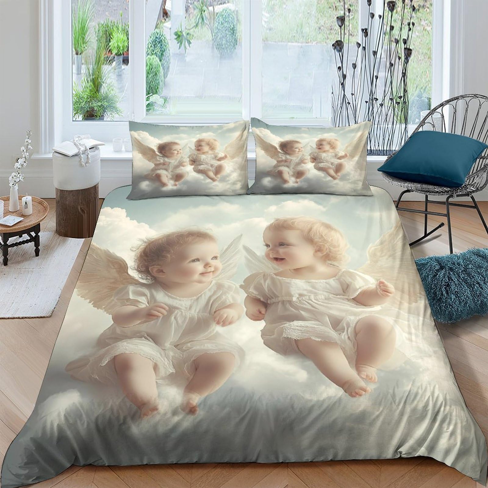 Ctjqhvkz Style-4 3D Printed Angel Cherub Fitted Sheet Microfiber Soft Non-Slip Heavenly Clouds Bed Cover For Bedroom Guestroom Decor Single（135X200cm）