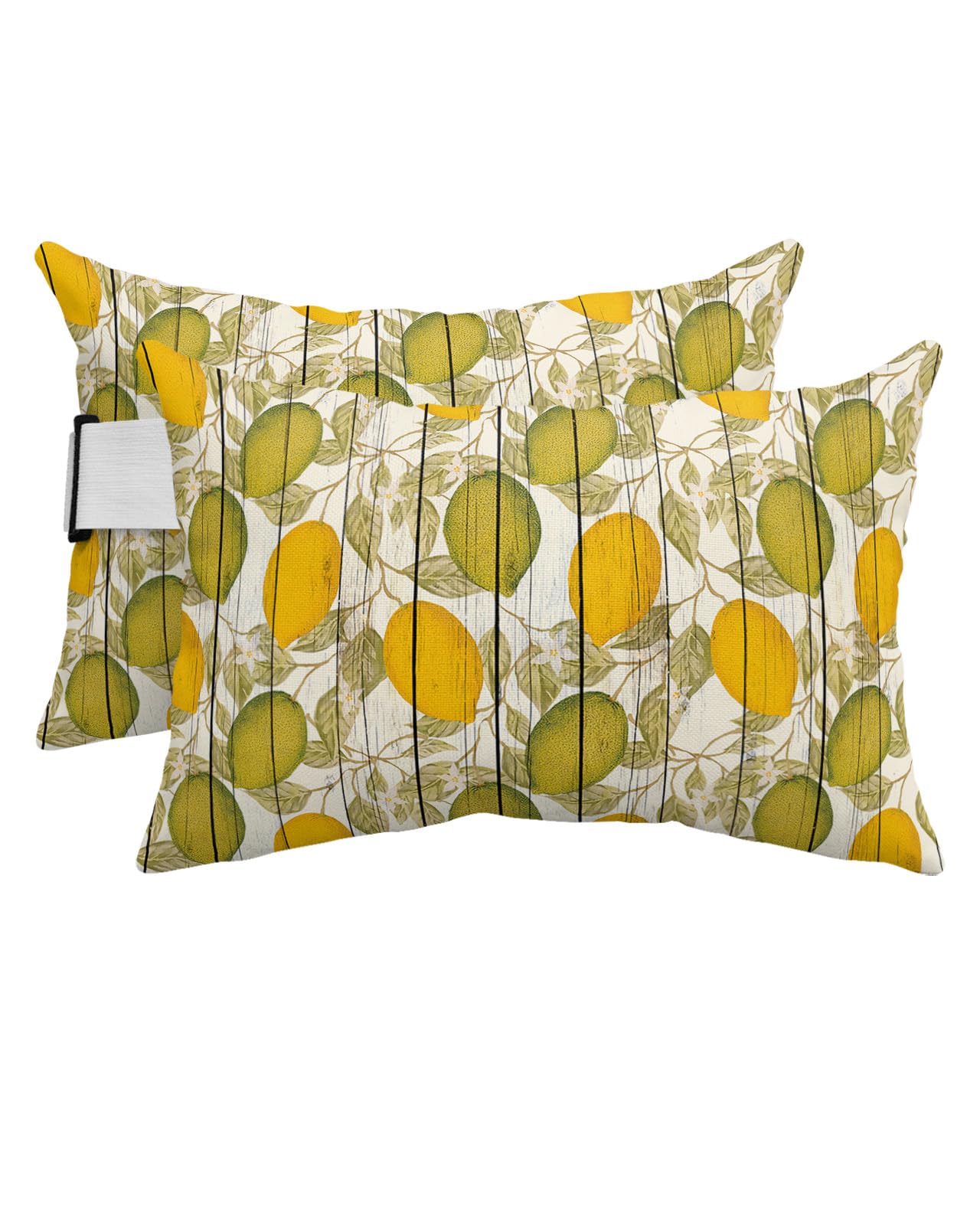 HERBED Outdoor Pillows Covers with Inserts Summer Lemon with Leaves Wooden Waterproof Pillow with Adjustable Strap Throw Pillows for Patio Furniture Pool Lounge Chair, 12x20 Inch, 2PCS