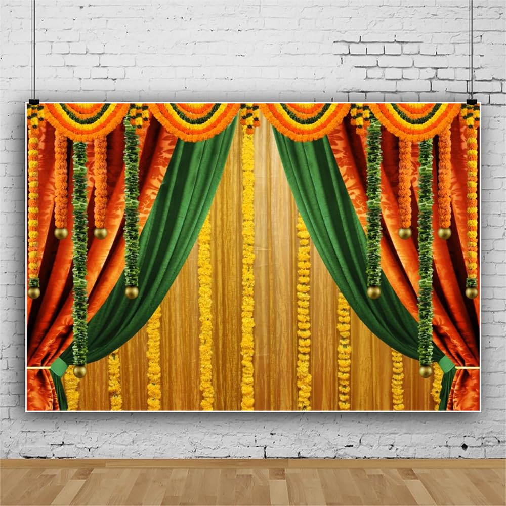 Indian Traditional Backdrop Decorations for Puja Hindu Festival Green Ganpati Pooja Backdrop for Wedding Party Decorations Bridal Shower Backgrounds Photo Studio Supplies Vinyl 12x10ft