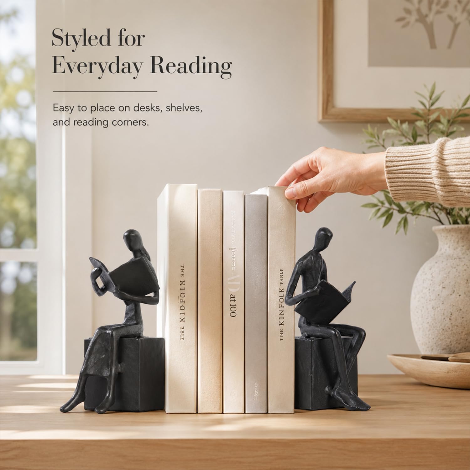 Iron Decorative Bookends for Heavy Books, Black Reading Couple Book Ends Decorative, Metal Thinker Bookends for Shelves Shelf Bookshelf Books Home Office Aesthetic or Book Lovers Gifts