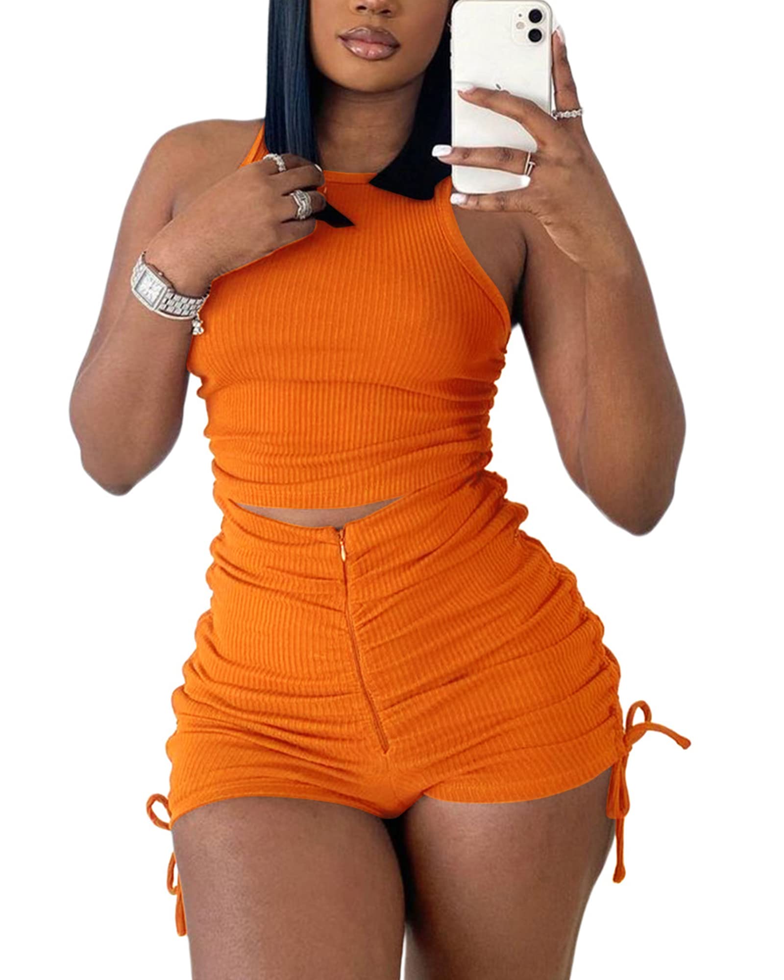 Qusuny 2 Piece Outfits for Women Summer Workout Crop Top Tank Bodycon Ribbed Sweatsuits Tracksuits Casual Shorts Set Romper