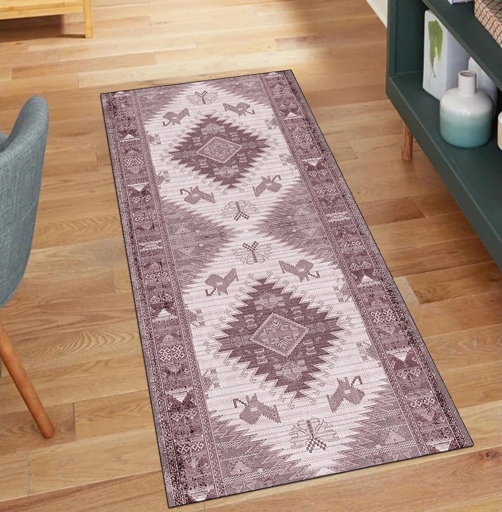 Alfombra de pasillo vintage lavable para una cocina acogedora y pasillos elegantes en marrón