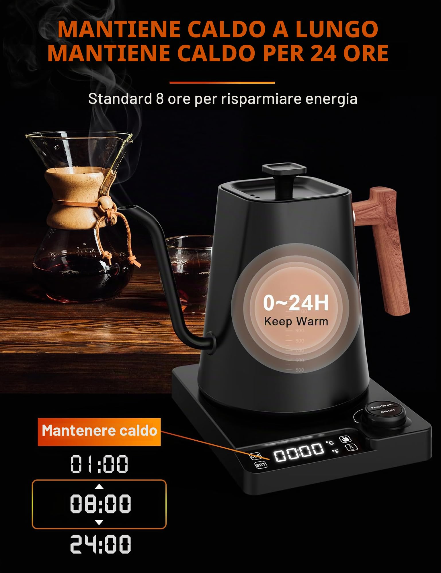 Bollitore elettrico in acciaio inox con regolazione della temperatura, bollitore a collo di cigno con funzione di calore 24 ore, 1L bollitore elettrico con indicatore di temperatura, 1200W