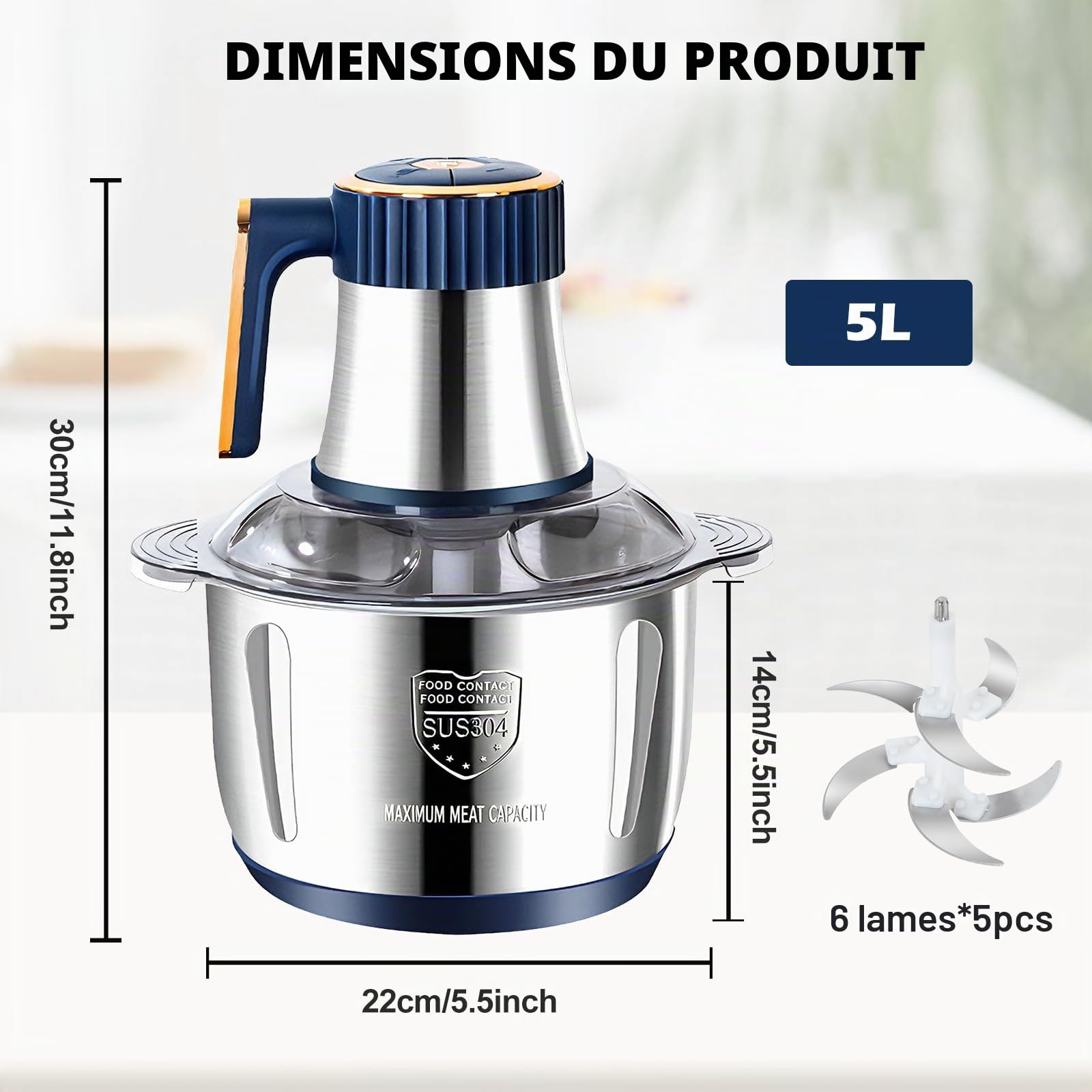 Hachoir Électrique 5L – Mixeur Hachoir Électrique avec Bol en Acier Inoxydable, 5 Vitesses et 6 Lames en Acier avec 5 Jeux de Lames pour Viande, Légumes et Fruits
