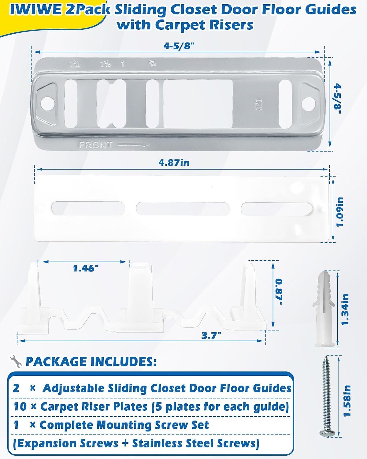 IWIWE Adjustable Sliding Closet Door Floor Guides with Carpet Risers - 2 Pack, Fits 3/4'' to 1-3/8'' Thick Doors, W/Mounting Screw Kit