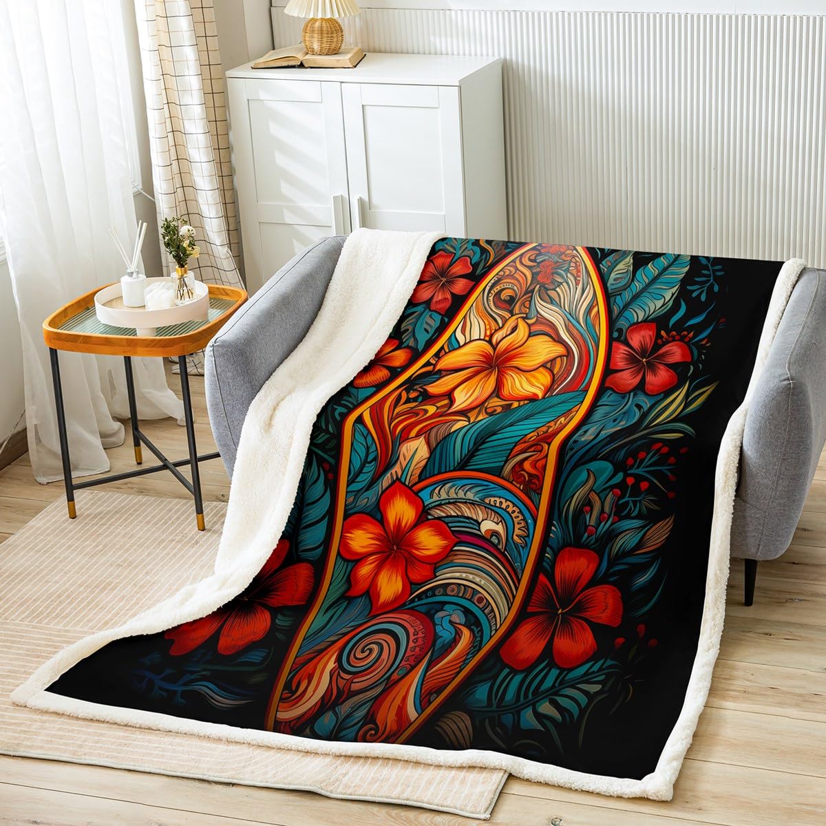 Feelyou Flower Pattern Fleece Throw Blanket for Adult Bohemian Damask Print Plush Blanket Vintage Retro Sherpa Blanket Floral Fuzzy Blanket for Sofa