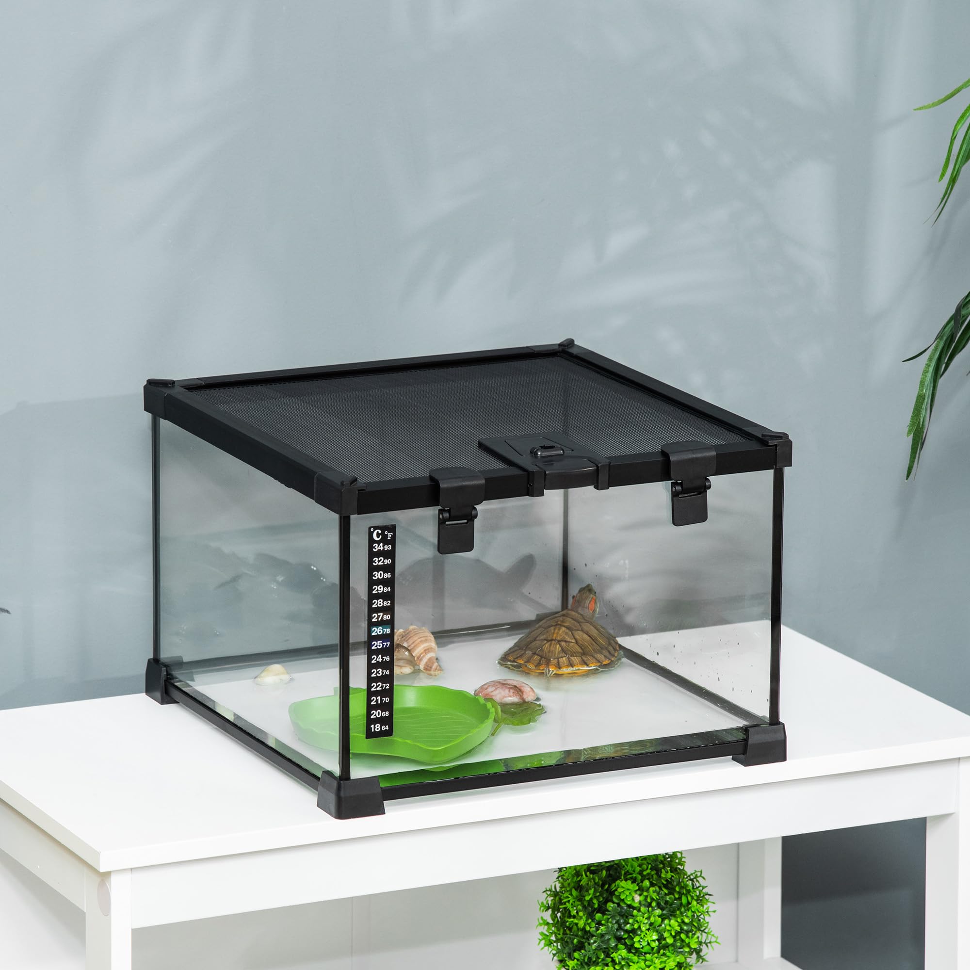 PawHut 30 x 30 x 20 cm szkło terrarium gad hodowla zbiornik wspinaczka zwierzę domowe szklane pojemniki łukowate pudełko z paskiem łata termometr do jaszczurek, rogatych żab, węży, pająków - czarny