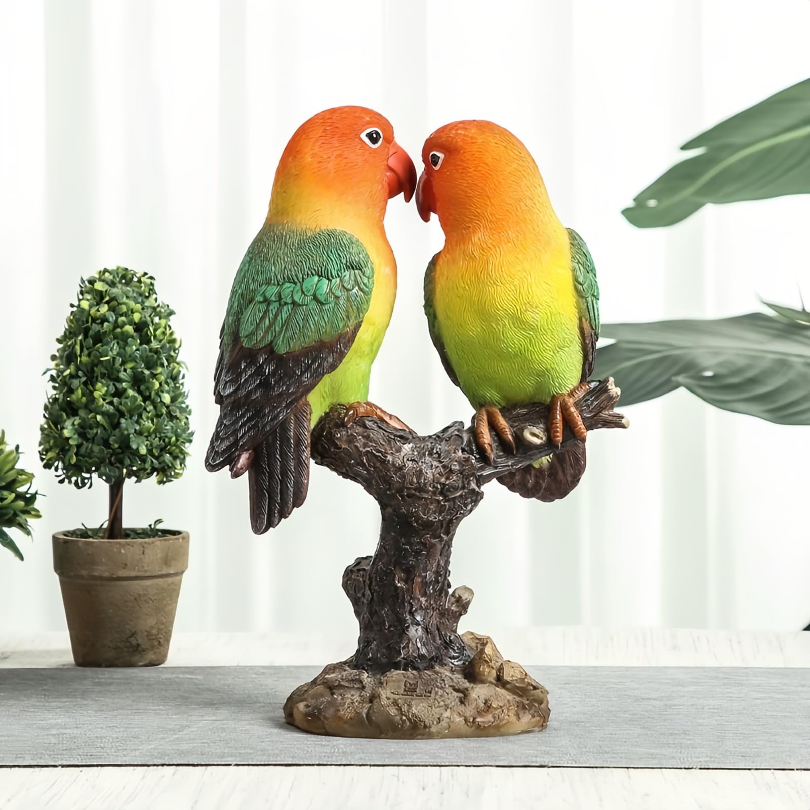 Estatua Pájaros Agapornis Resina Pareja Loros Decoración Hogar 27cm