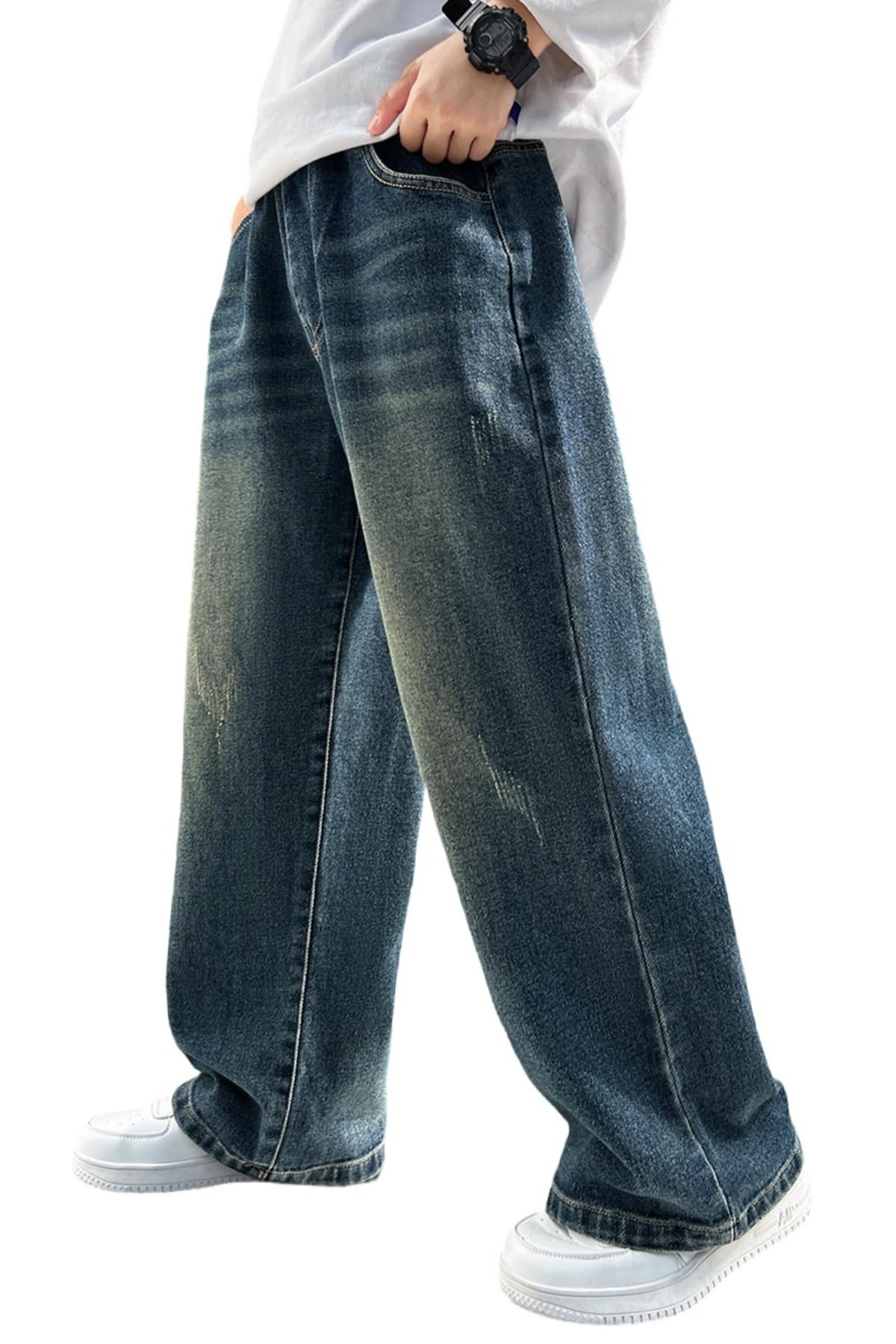 Rolanko Baggy Jeans Jungen, Weites Bein Elastischer Taille und Mehreren Taschen, Cargo Hosen Jeans für Kinder