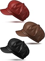 Funtery 3-Pack Women's Faux Leather Newsboy Hats - 8-Panel Vintage Cabbie Beret Visor Caps in Khaki, Red, Black