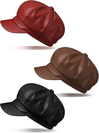Funtery 3 Pcs Women Newsboy Hats PU Leather Visor Beret Cabbie Hat 8 Panel Vintage Women Fiddler Cap Faux Leather Baker Hat