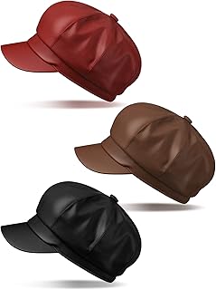 Funtery 3 Pcs Women Newsboy Hats PU Leather Visor Beret Cabbie Hat 8 Panel