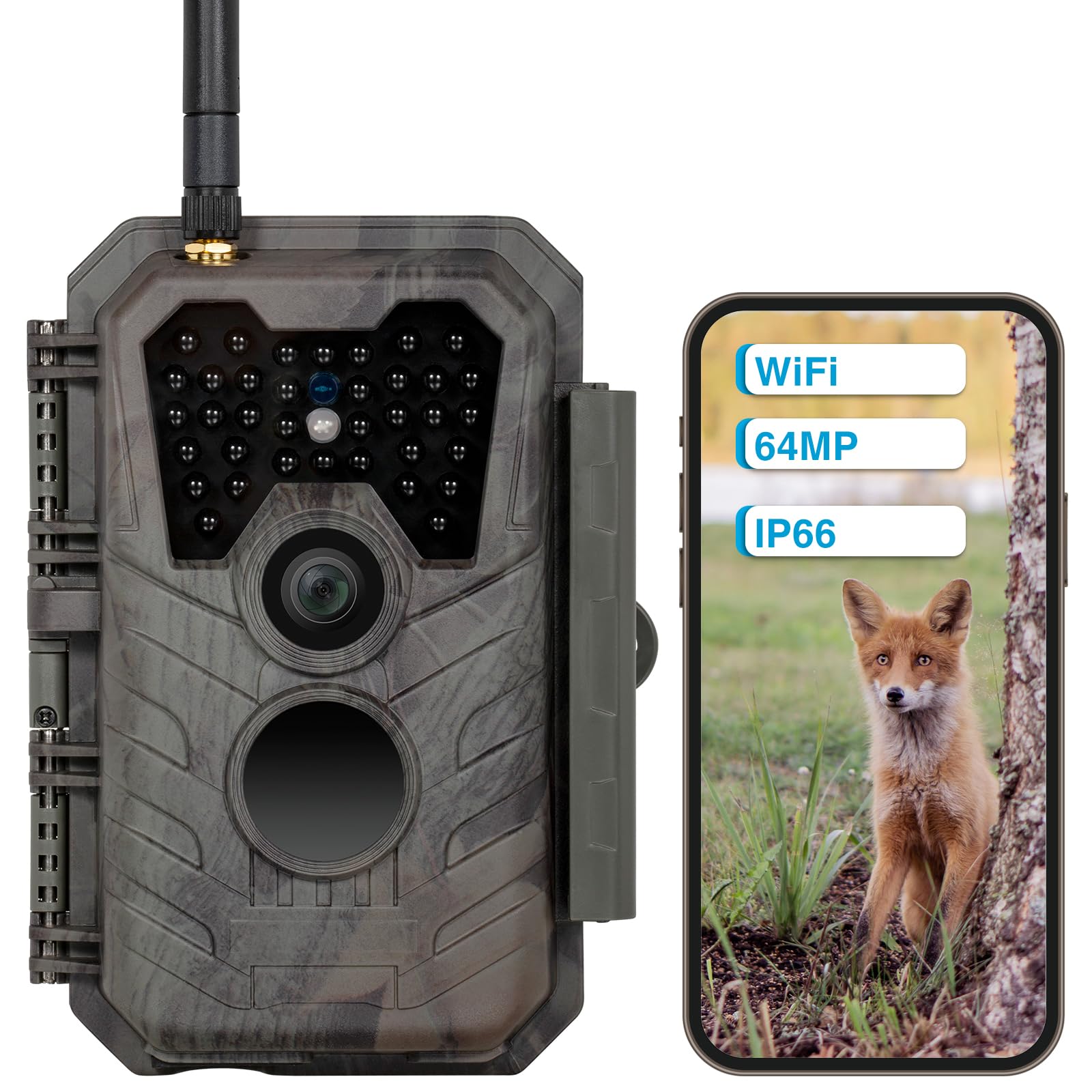 Meidase P90 Pro Wildkamera WLAN Bluetooth, 64MP 1296P, 25m Nachtsicht, 0,2s Bewegungsaktivierung, IP66 wasserdicht, Übertragung per Mobiler App, Überwachung im Freien