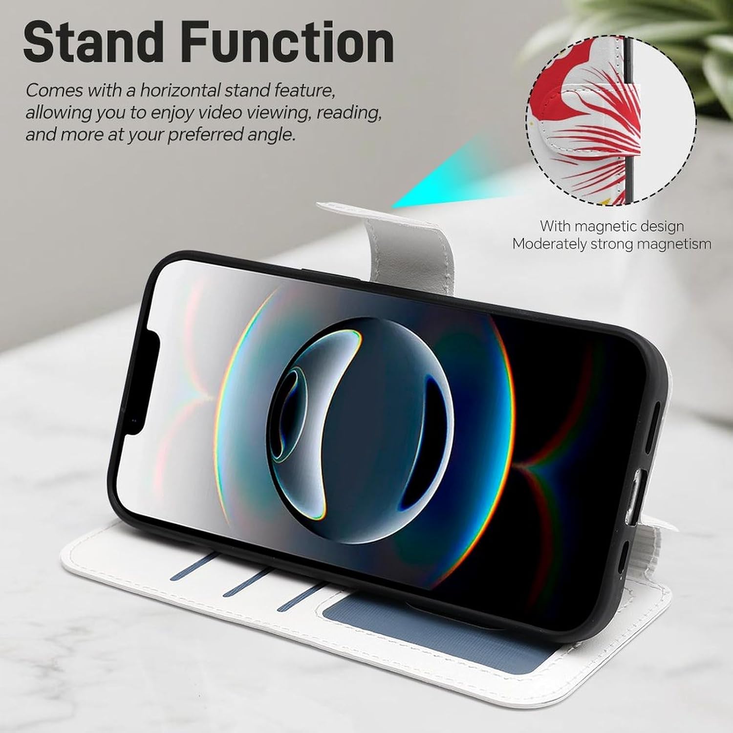 Hawaiian Tropical Flowers Compatible with iPhone 16/16 Plus/16 Pro/16 Pro Max/16 E Case Phone Wallet Card Holder Flip Cover with Wrist Strap