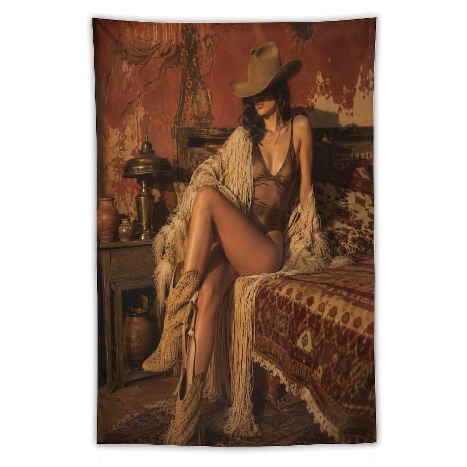 W7C8U2X3 Western Cowgirl Portrait Wall Tapestry, Cactus Desert Mood