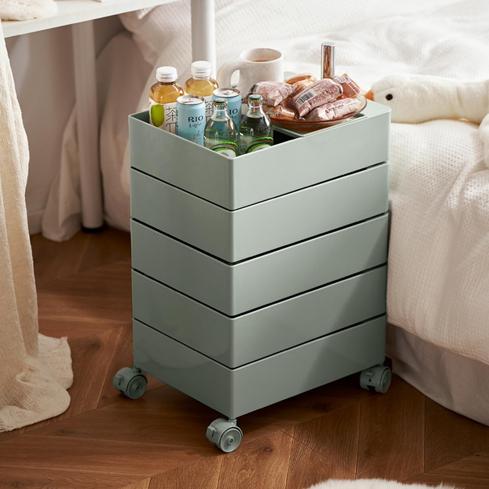 Chariot de rangement à roulettes avec tiroirs et table rotative