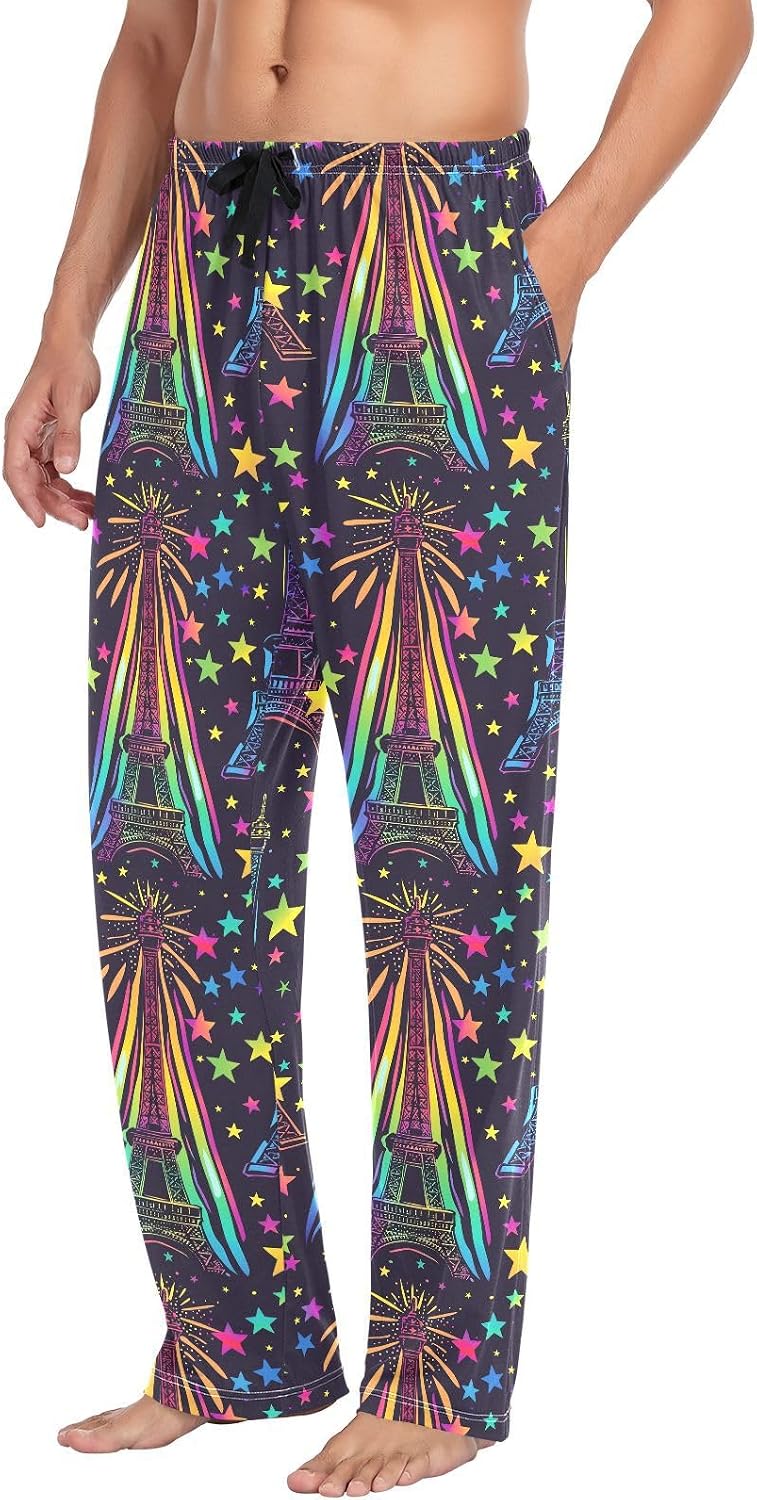 ALAZA Rainbow Eiffel Tower Stars Men's Pajama Pants Men Cotton Pajama Bottoms with Pockets, S