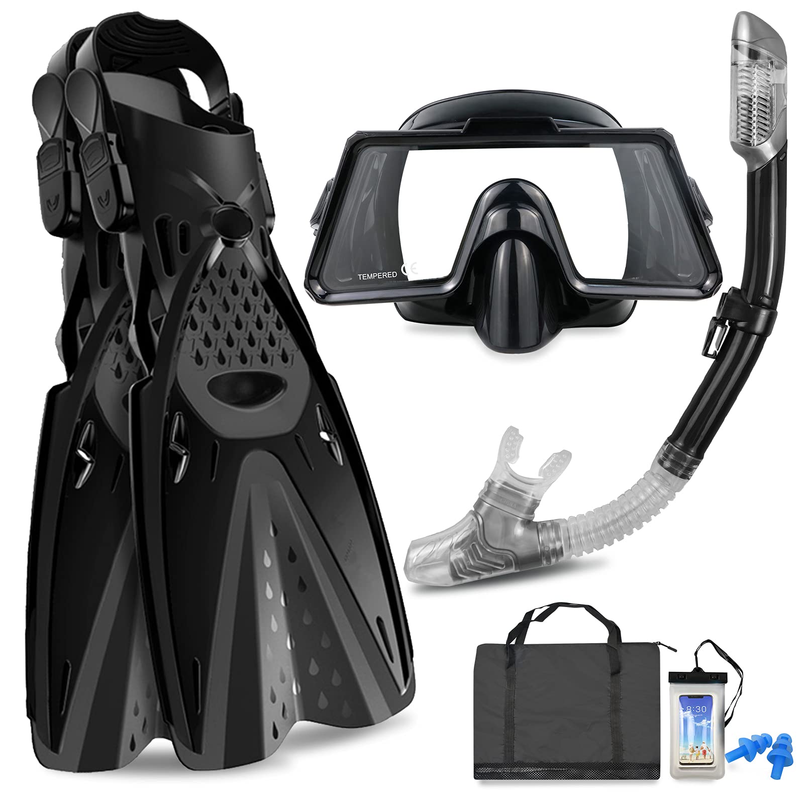 Aisrida Snorkeling Gear for Adults with Flippers Diving Fins, Anti Fog Swim Goggles 180 Panoramic View Anti-Leak Dry Top Value Snorkel with Gear Bag, Waterproof Phone Case