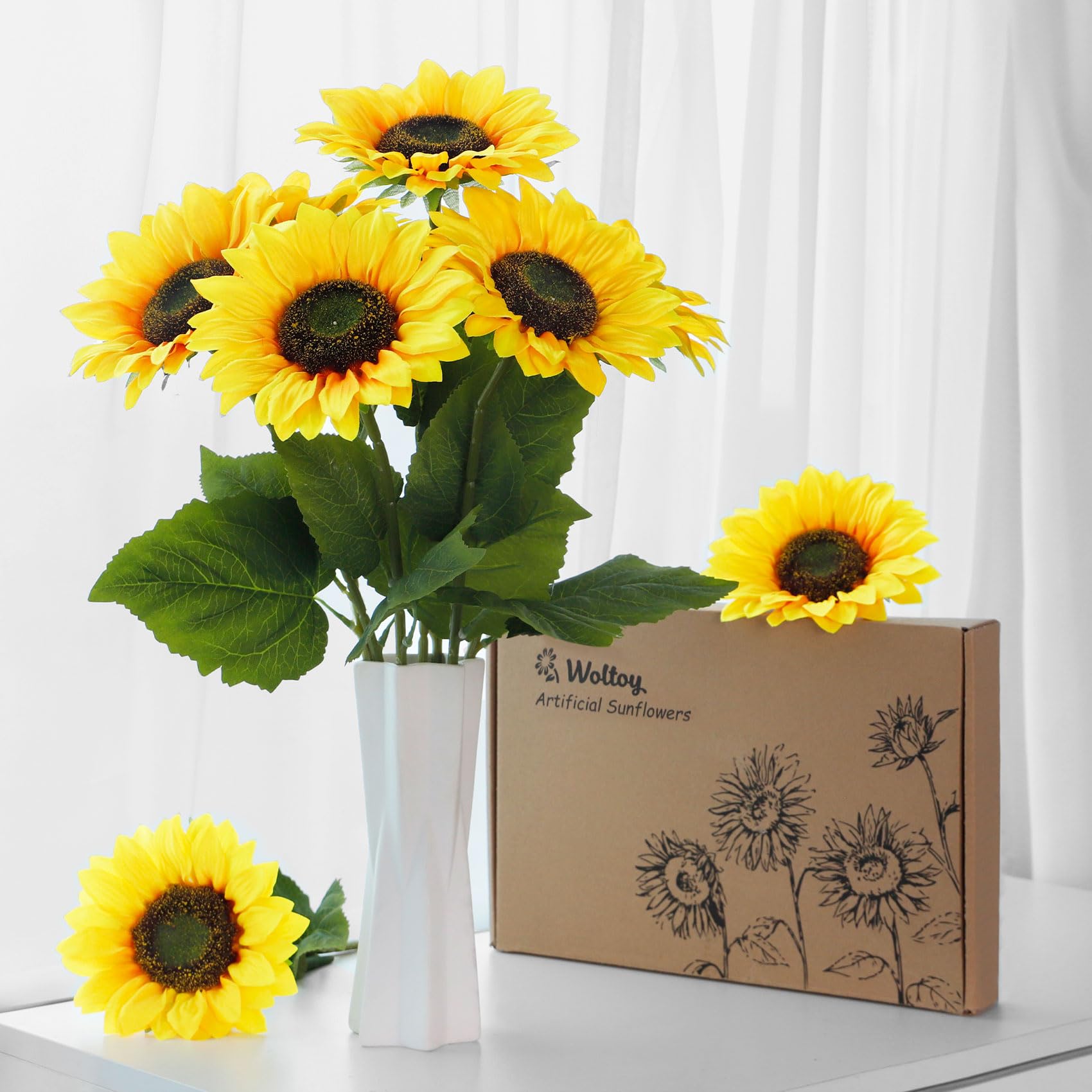9 Pezzi Girasoli Artificiali, 48 cm Girasoli Finti a Stelo Lungo, Bouquet di Fiori Finti per Decorazioni, Naturali e Veri, Girasole di Seta Fiore Artificiale per Feste, Matrimonio, Ufficio, Casa.