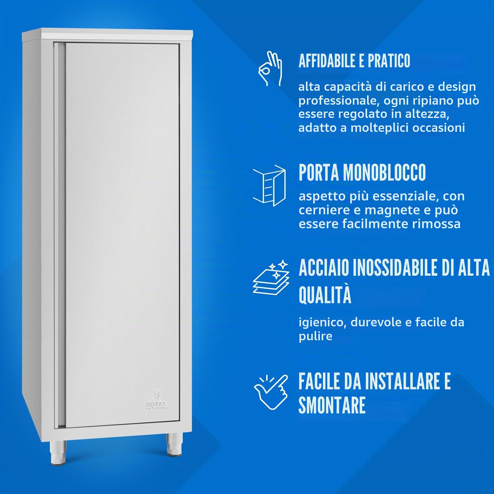 Royal Catering Armadietto da cucina in acciaio inox, 60 x 70 x 180 cm, 3 alloggiamenti, facile da montare, piedini regolabili in altezza