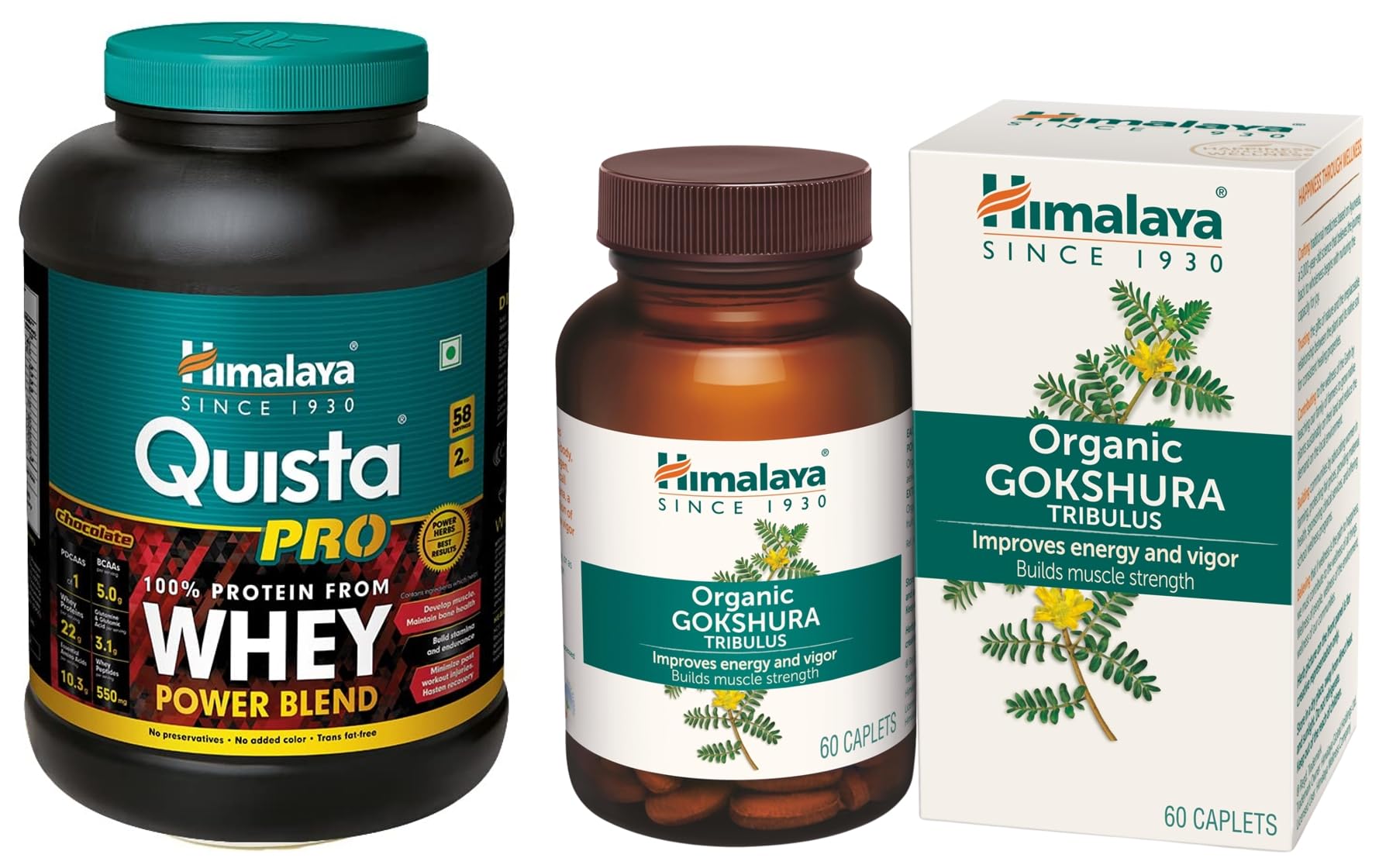 Himalaya Quista Pro Advanced Whey Protein Powder - 2kg (Chocolate) and Himalaya Organic Gokshura 60’s Pack Combo(Extra strength) | Build Muscles with Vigor and Stamina