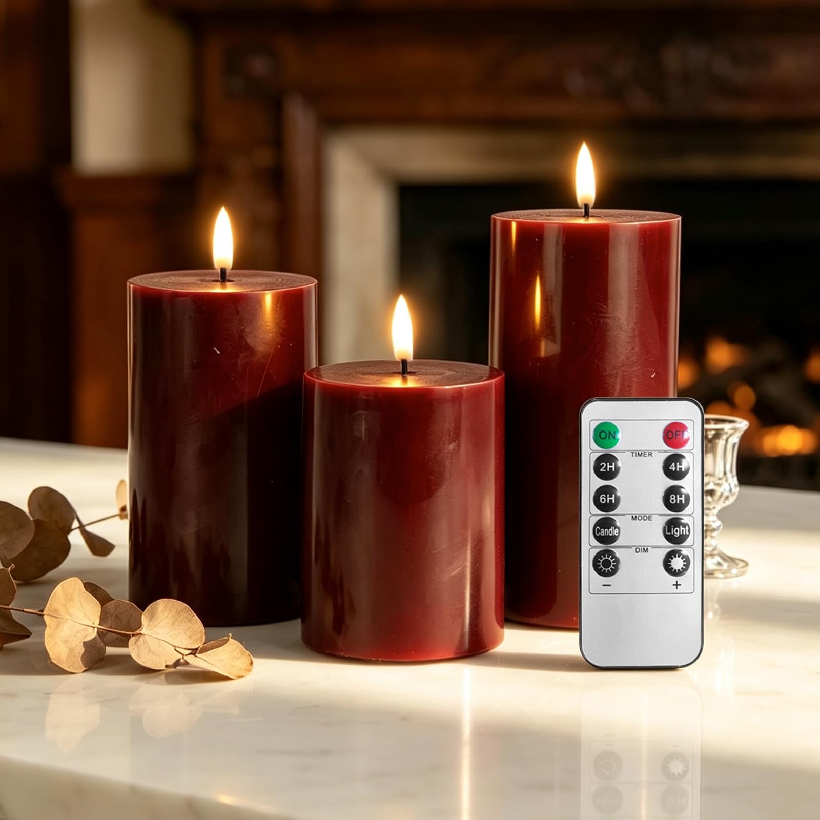 AiMok Set of 3 Flameless LED Candles with Real Wax Coating, Battery Operated with Remote & Timer, Realistic Warm Glow, Safe for Indoor/Outdoor, for Halloween, Wedding, Home Decor - Red