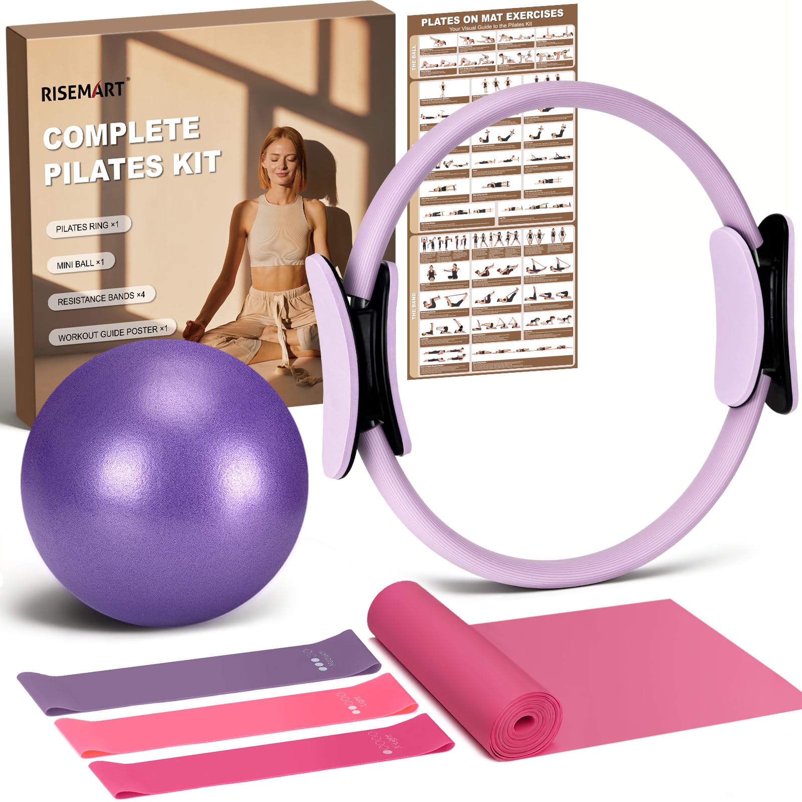 Pilates Kit 9Pcs Home Pilates Set with 13'' Ring, 8'' Ball and 4 Resistance Bands for Women & Men, Pilates Workout Equipment Set for Beginners with Professional Pose Guides & Tote Bag (Purple)