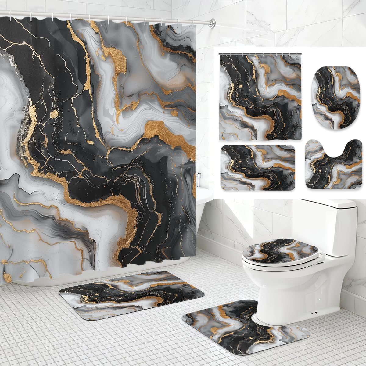 4 Piece Dark Blue Marble Shower Curtain Set with Non-Slip Rugs, Toilet Lid Cover, Bath Mat Gold Luxury Abstract Marble Bathroom Decor with 12 Hooks, 72 x 72 Inch