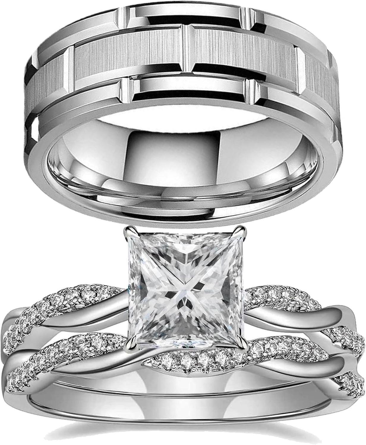 Couple Rings White Gold Plated 925 Sterling Silver Ring Square 1CT AAAAA CZ Women Wedding Ring Sets Men Titanium Steel Ring
