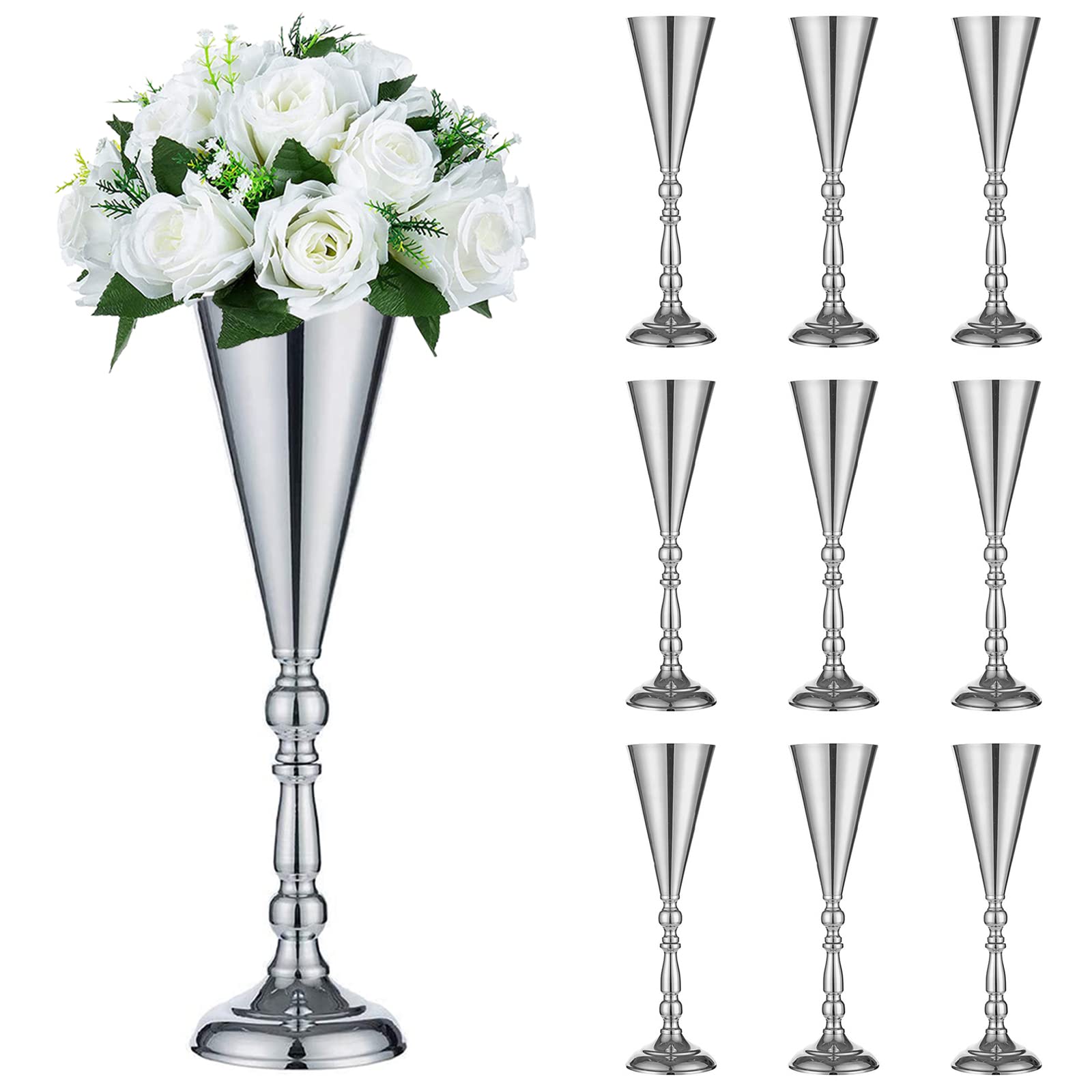 Sziqiqi Set of 10 Tall Metal Wedding Centerpieces for Reception Tables, Silver Flower Vase Stand, Base Decortion for Party, Events, Birthday, Celebration Ceremonies, Silver