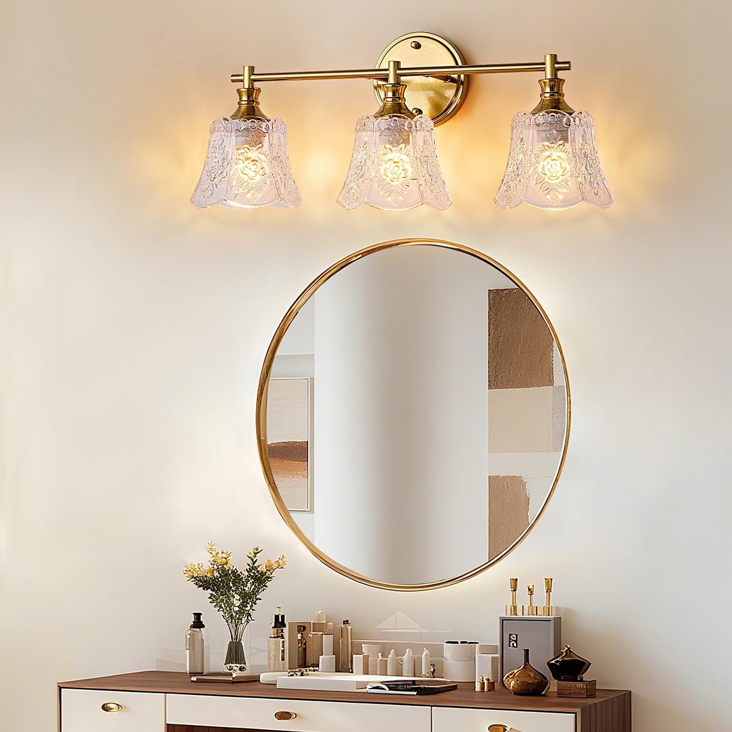 Gefolly Bathroom Light Fixtures, 3-Light Vanity Lights Over Mirror with Personalized Glass Shade, Wall Decor Lamp for Bedroom Hallway Living Room, Gold