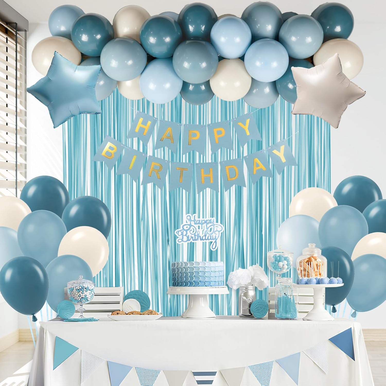 Blue Birthday Decorations for Men with Sand White Light Slate Dusty Blue Balloons Happy Birthday Banner Light Blue Fringe Curtains for Birthday Party Decorations