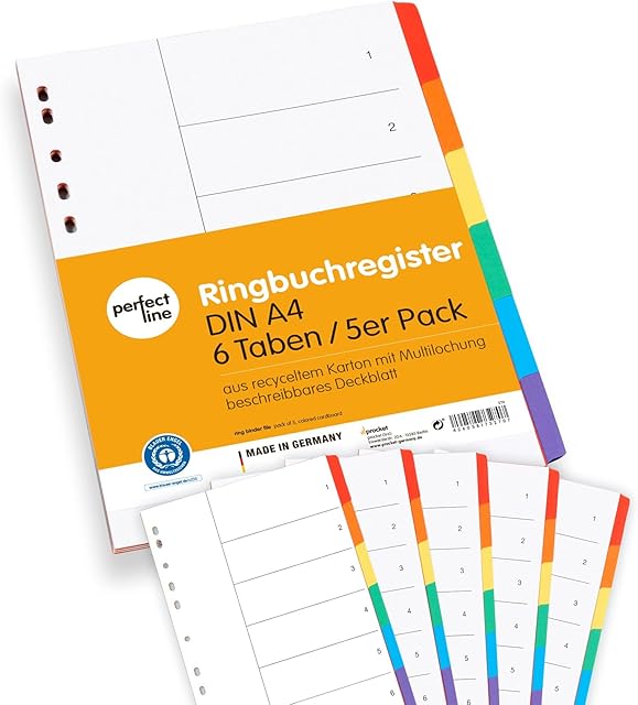 perfect line 5 Pack 6-Part Colour Index DIN-A4 with Cover Page (5x6), 22.3 x 29.7 cm (8.78 x 11.7 in) Folder dividers in 6 Colours, 160 g /m², Perfect Organisation for Office & Home