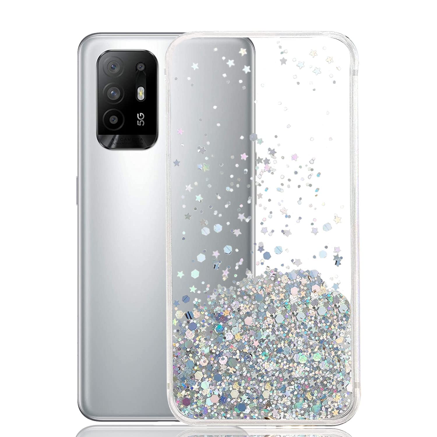 KC Back Cover for Oppo F19 Pro Plus 5G, Starry Dry Fixed Non Moving Sparkling Bling Shining Glitter Stars Soft Silicone Case (Transparent)