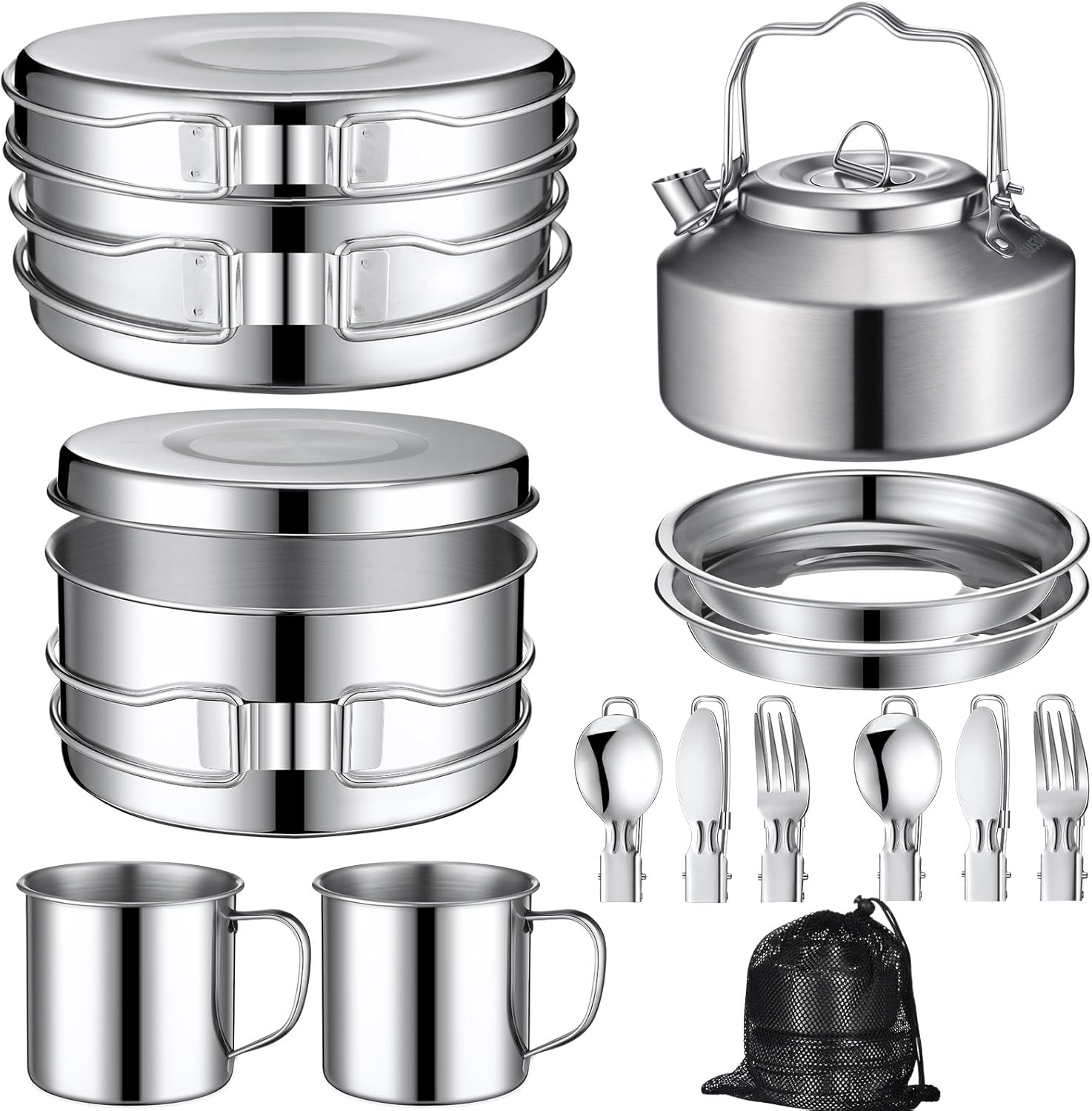 15 Pcs Camping Cookware Mess Kit Outdoor Cooking Set Stainless Steel with Pot and Pan Kit 2 Set Stainless Steel Cups Plates Forks Knives Spoons for Camping Backpacking Cooking Picnic