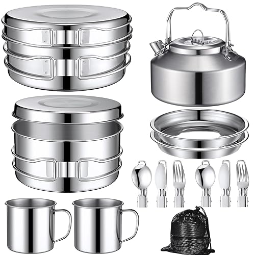 Funnymoom 15 Pcs Camping Cookware Mess Kit Outdoor Cooking Set Stainless Steel with Pot and Pan Kit 2 Set Stainless Steel Cups Plates Forks Knives Spoons for Camping Backpacking Cooking Picnic
