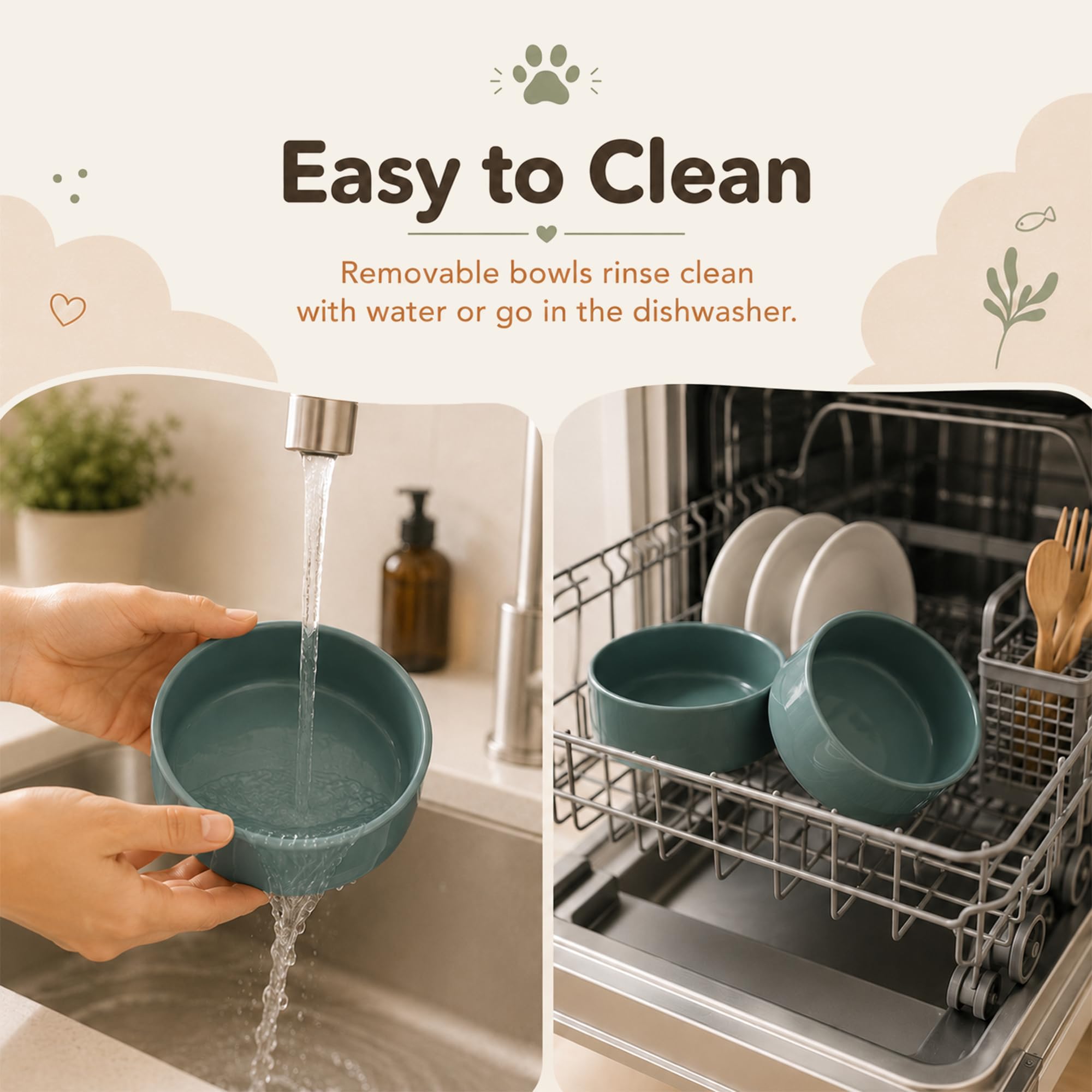 Havniva Gamelle surélevée en céramique pour chat (2 x vert foncé + support)