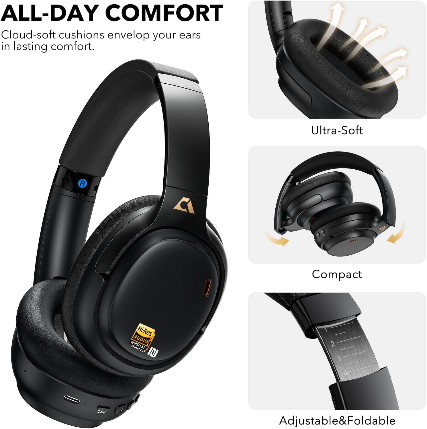 1Mii AI E700 Hybrid Active Noise Cancelling Headphones, Bluetooth Over Ear, Wireless Hi-Res Audio with LDAC & aptX Low Latency for Airplane Travel & Home TV, AI Translation & Custom EQ via APP, Black - Image 6